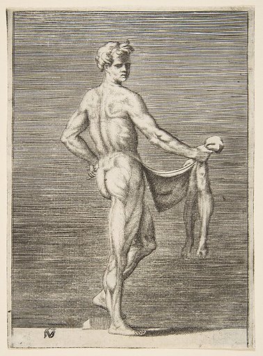 Flayed man, holding skin in right hand
