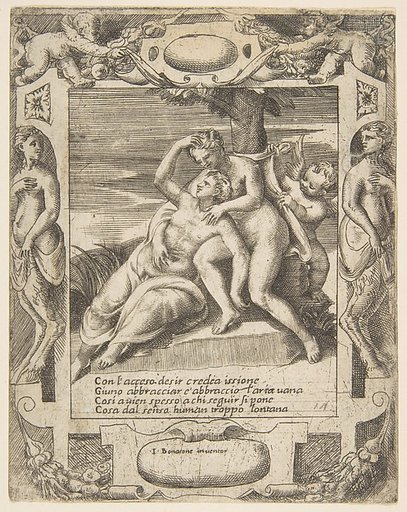 Ixion embracing a cloud, thinking it is Juno, Cupid at the right, set within an elaborate frame, from "Loves, Rages and Jealousies of Juno"