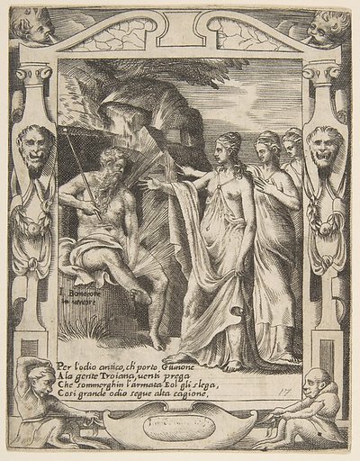 Juno asks Aeolus to raise a storm against the Trojan fleet, set within an elaborate frame, from "Loves, Rages and Jealousies of Juno"