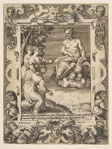 Juno at left asks Jupiter to help the Greeks, set within an elaborate frame, from "Loves, Rages and Jealousies of Juno"