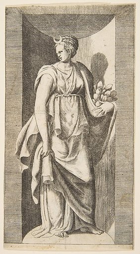 Diana holding fruit in her left hand standing within a niche