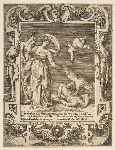 A vulture eating the innards of Titius, Cupid above two women to the left, set within and elaborate frame, from "Loves, Rages and Jealousies of Juno"