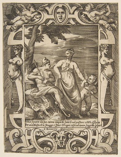 Jupiter at left in the form of a shepherd accompanied by Mnemosyne, set within an elaborate cartouche, from "Loves, Rages and Jealousies of Juno"