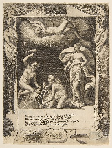 Litigium removed from the body of Chaos while his mother is thrown into the air, set within a frame, from "Loves, Rages and Jealousies of Juno"