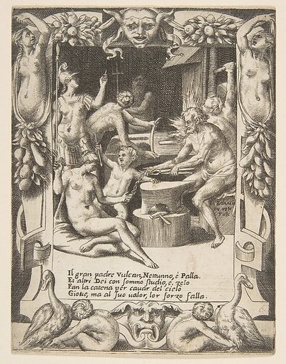 Vulcan, Neptune, Athena and other Gods making Shackles to pull Jupiter from the Heavens, set within an elaborate frame, from "Loves, Rages and Jealousies of Juno"