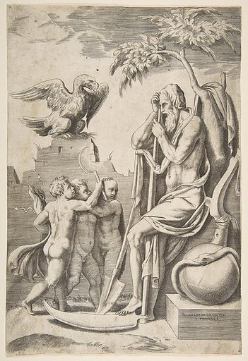 Father Time at the right leaning on a scythe, three naked boys and eagle at the left