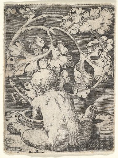Naked Child Seen from Back Seated in Front of a Vessel