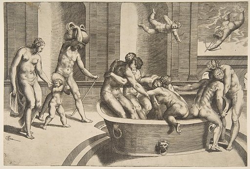 Men and women bathing, some embracing