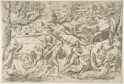 Mars and Rhea Silvia: in the centre Mars holds a shield and sword, Rhea Silvia sleeping, Apollo in his chariot upper left