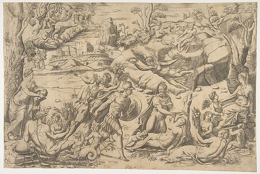 Mars and Rhea Silvia: in the centre Mars holds a shield and sword, Rhea Silvia sleeping, Apollo in his chariot upper left