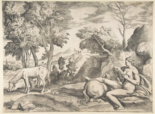 Saturn in the guise of a horse being suckled by the nymph Philyra