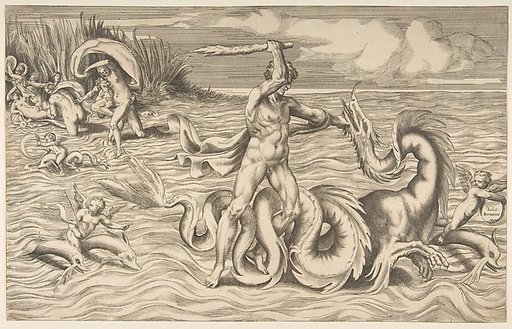 Hercules fight adragon in the centre, Achelous carrying off Deianeira upper left