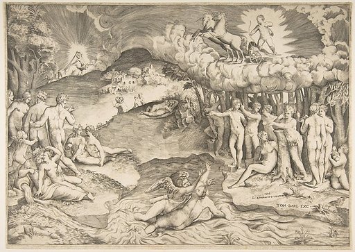 The triumph of love, cupid riding a chariot drawn by unicorn is in the upper right, naked figures fill the composition