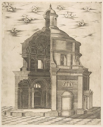 Exterior and interior section of a temple in Rome dedicated to Neptune