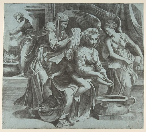 The Virgin washing the Christ Child accompanied by figures and an angel at right