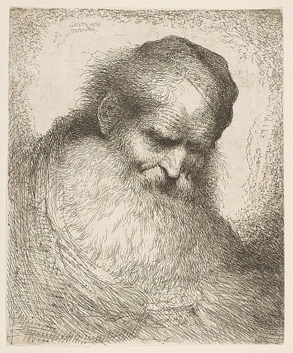 A bearded man wearing a cap looking down to the right, from "Heads in Oriental Headdress"