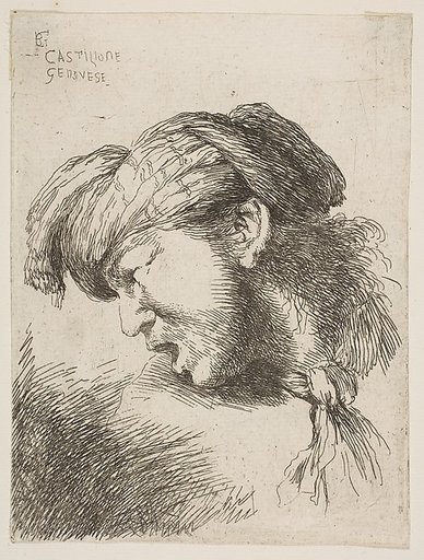 Man wearing a turban, a tie fastened around his neck, facing left, from "Small Heads in Oriental Headdress"