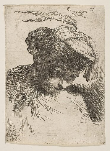 Young man looking down to right, from "Small Heads in Oriental Headdress"