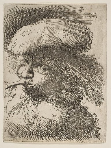 Young man with a trumpet facing left, from "Small Heads in Oriental Headdress"