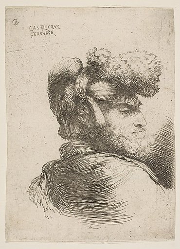 Man in profile facing right, wearing a fur hat, from "Small Heads in Oriental Headdress"