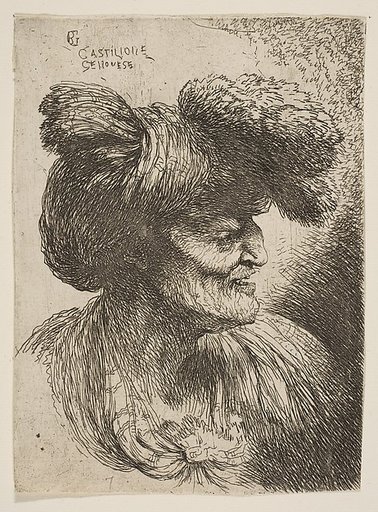 Bust of beardless old man in profile facing right, from "Small Heads in Oriental Headdress"