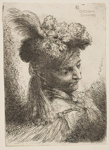 Young man facing three quaters right wearing a fur headdress with a plume, jewel and a headband, from "Small Heads in Oriental Headdress"