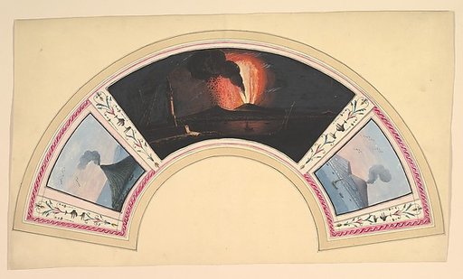 Hand-painted Fan with Three Views of Mount Vesuvius