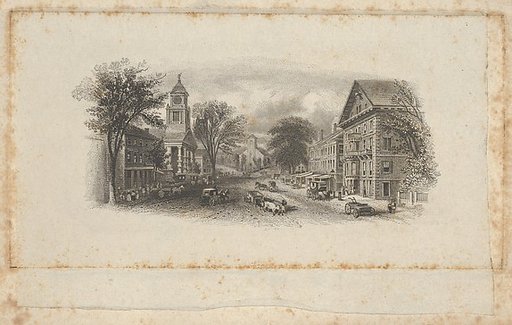 Banknote vignette with the main street of a town