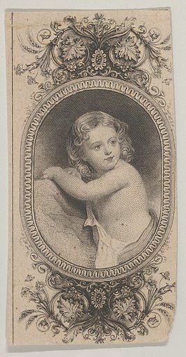 Banknote motif: a child's portrait and two patterned ovals surrounded by a floral frame