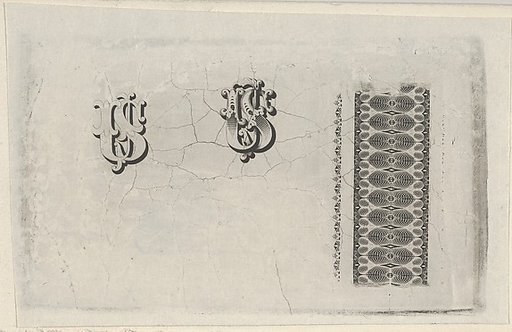 Banknote motifs: band of lathe work ornament and two monograms using the letters U.S.