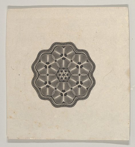Banknote motif: a small six lobed ornament with a rope border, the interior adorned with lathe work florets