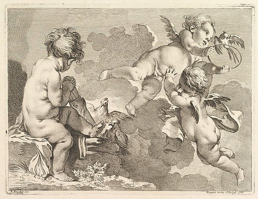 Three Loves, one of which is seated, holding a quiver