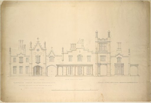 Belmead, Plantation Mansion for Philip St. George Cocke, Powhatan Co., Virginia (partial elevations of entrance facade, greenhouse facade and James River facade, shown as continuous)