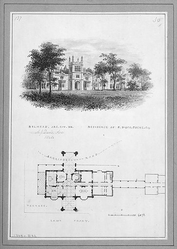 "Belmead", James River, Virginia, Residence of Philip St. George Cocke (vignette of riverside elevation and plan)