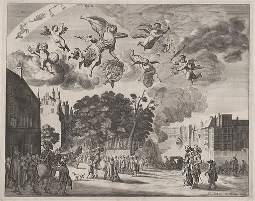 Charles II entering The Hague in a carriage with the Mauritshuis on the right, from "Verhael van de Reys van Carel II, Coning van Groot-Brittannië, in Hollandt van 25 Mey tot 2 Junij 1660"
