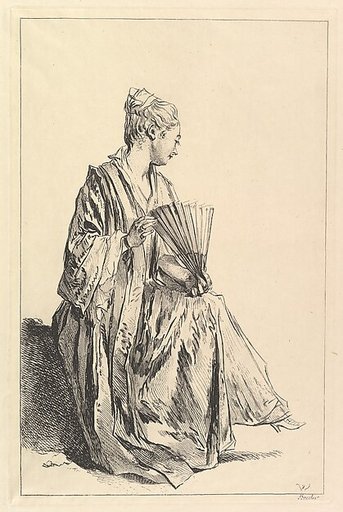 Femme assise, de profil à droite, jouant de l'eventail