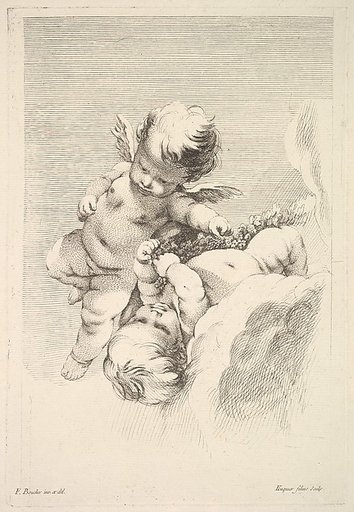 Two Cupids, One Holding a Wreath