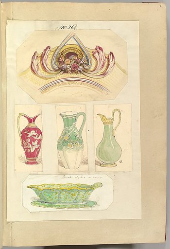 Designs for an Pierced Border Ornament, Three Pitchers and an Open Basin (recto); Design for a Candle Stick (verso)