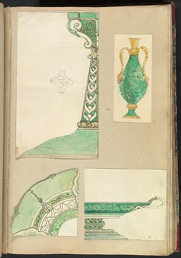 Designs for a Candlestick, Two Handled Vase, Decorated Plate and Footed Dish