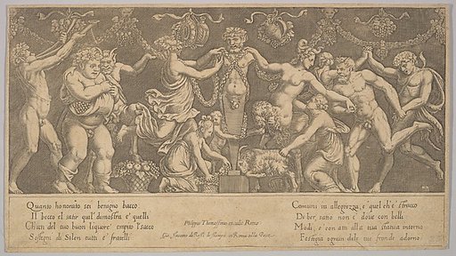 The sacrifice to Priapus who is in the form of a statue in the centre,  Bacchus and a satyr at the left
