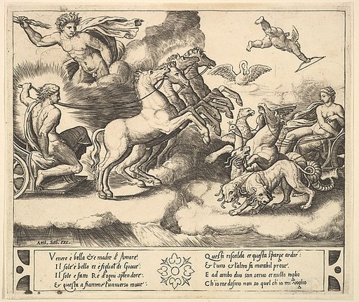 Apollo in his horse-drawn chariot at the left, above him above Jupiter hurls a thunderbolt, Venus at right in her chariot drawn by animals, from "Story of Apollo and Daphne"