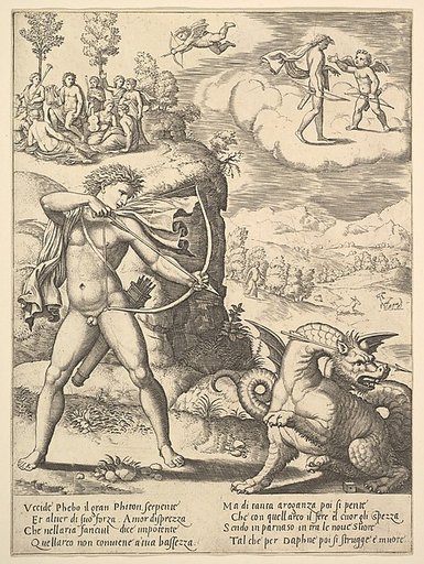 Apollo standing at left shooting a python with an arrow, above to the left are the muses and at right on a cloud Cupid approaching Apollo, from the "Story of Apollo and Daphne"