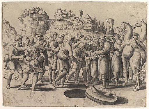 Joseph in the centre being sold by his brothers standing above a well, camels at the right