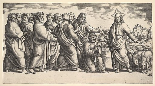 Christ standing at left indicating to a flock of sheep, before him kneels St. Peter holding the keys to the church, behind him to the left stand the Apostles