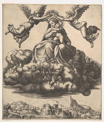 The Virgin seated on clouds being crowned by angels