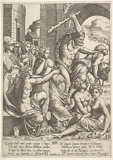 Envy or Avarice at the right being driven from the temple of the Muses by Hercules who raises a club, the muses watching from the left