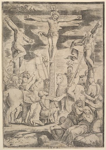The conversion of the Centurion who flings his arms open before Christ on the cross