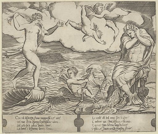 Venus riding a conch at left and cowering man (Jason) at right, Eros riding a makeshift boat holding a bow between them