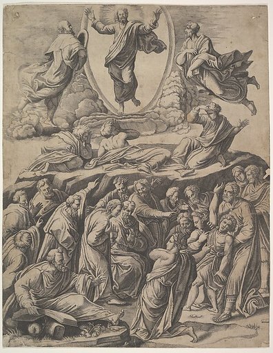 The Transfiguration of Christ, below him various figures including the Apostles