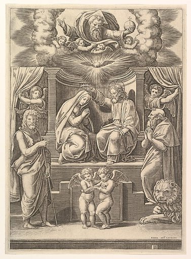 The coronation of the Virgin, God the Father above, St Jerome lower right and St John the Baptist lower left